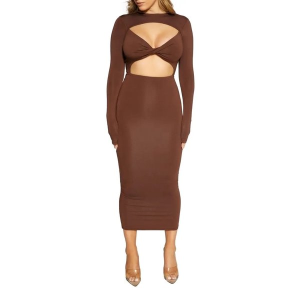 naked wardrobe Dresses & Skirts - Naked Wardrobe Twist Front Cutout Long Sleeve Midi Dress in Brown Large New